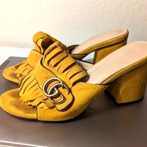 Gucci Marmot suede yellow fringe sandals